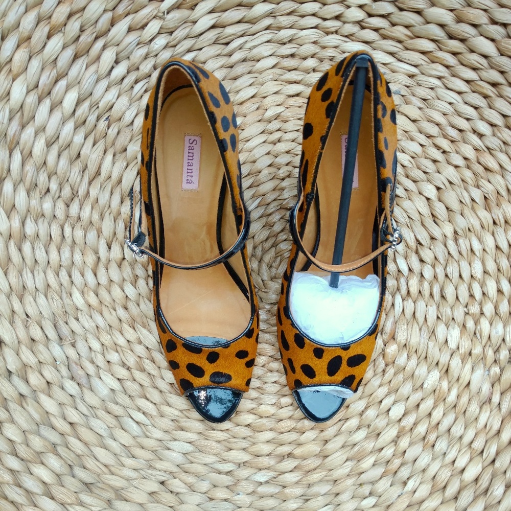 Samanta calf hair peep toe Mary Janes with rhinestone buckles NIB - Picture 2 of 5